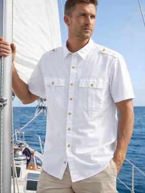 Men’s White Casual Boat Beach Button Down  100% Cotton | Short Sleeve | Size M